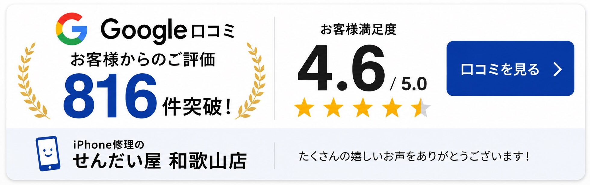 せんだい屋和歌山店のGoogle口コミ816件突破、評価4.6の実績