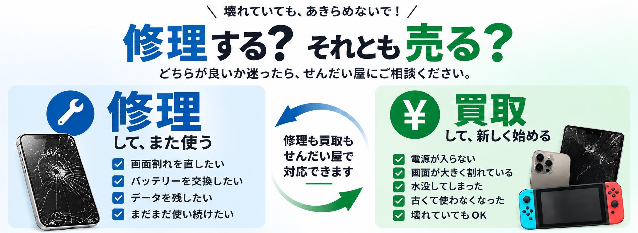 せんだい屋 イオンモール和歌山店のスマホ修理・買取案内。修理して使い続ける方法と、不要な端末を売却する方法を紹介